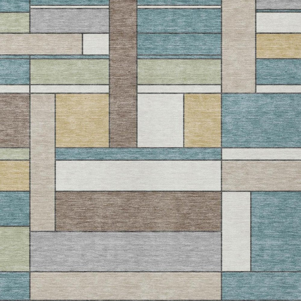9' X 12' Teal Blue And Beige Geometric Washable Indoor Outdoor Area Rug