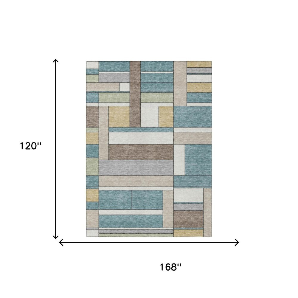 10' X 14' Teal Blue And Beige Geometric Washable Indoor Outdoor Area Rug — view 4
