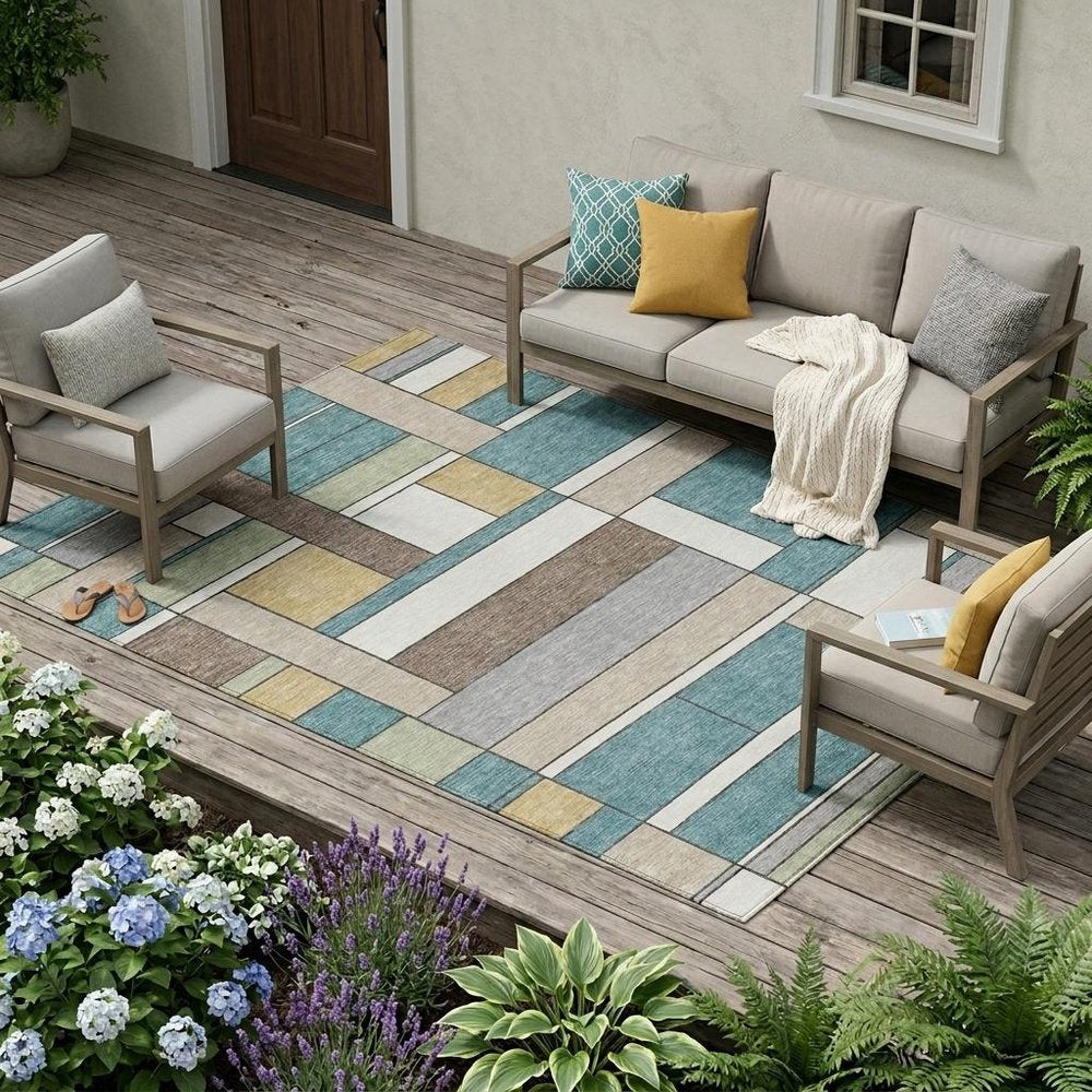 10' X 14' Teal Blue And Beige Geometric Washable Indoor Outdoor Area Rug HomeRoots