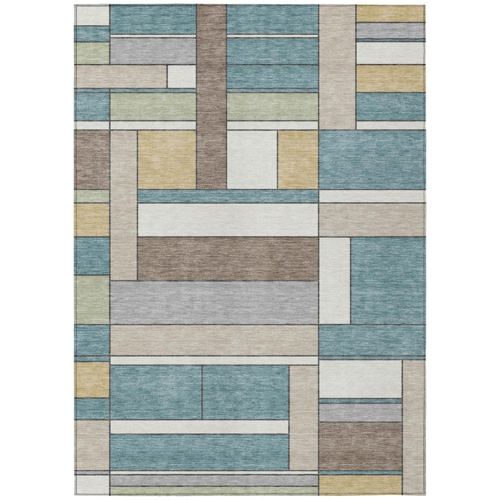 10' X 14' Teal Blue And Beige Geometric Washable Indoor Outdoor Area Rug — view 1