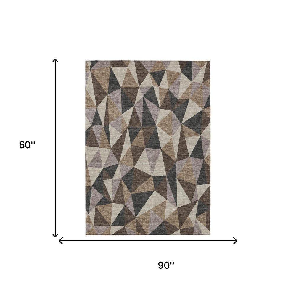 5' X 8' Beige And Brown Geometric Washable Indoor Outdoor Area Rug