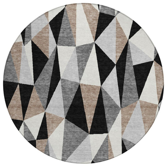 8' Black And Graphite Round Geometric Washable Indoor Outdoor Area Rug