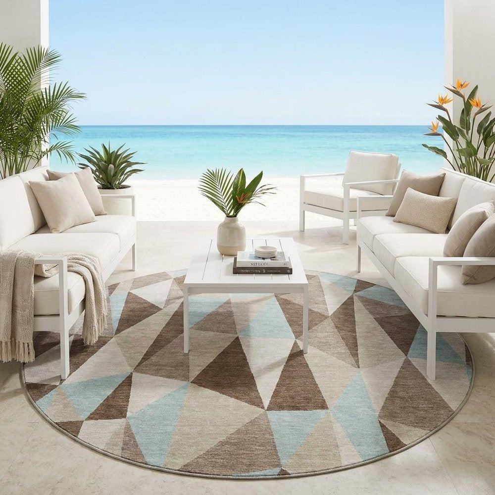 8' Coffee And Brown Round Geometric Washable Indoor Outdoor Area Rug — view 5