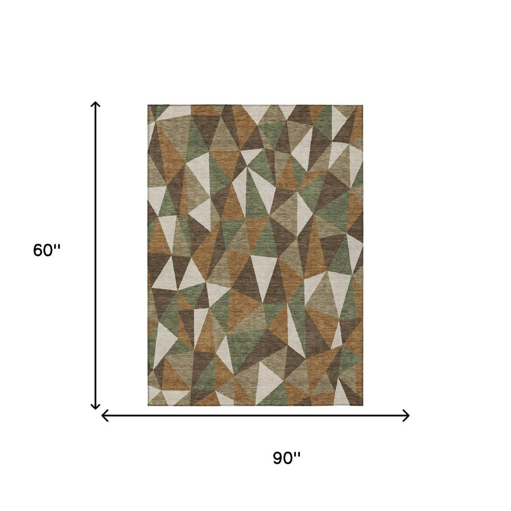 5' X 8' Chocolate And Brown Geometric Washable Indoor Outdoor Area Rug