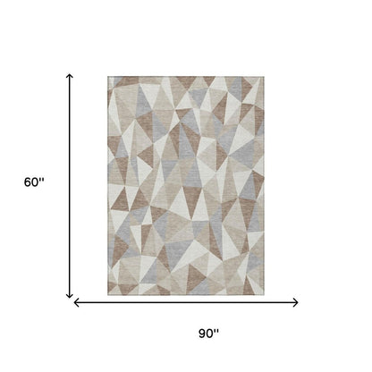5' X 8' Ivory And Silver Geometric Washable Indoor Outdoor Area Rug