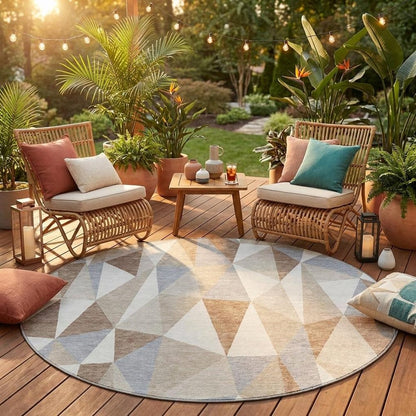 8' Ivory And Silver Round Geometric Washable Indoor Outdoor Area Rug