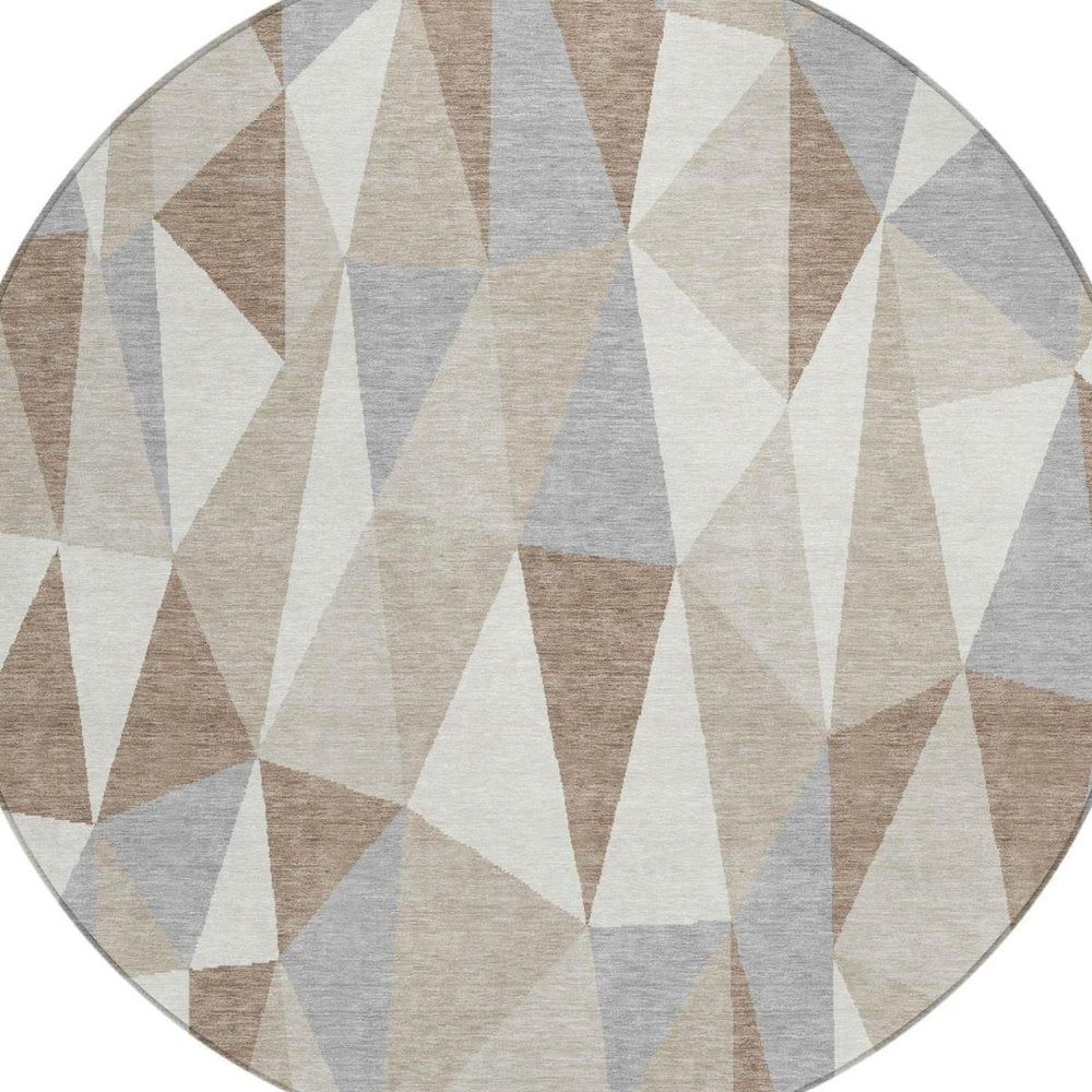 8' Ivory And Silver Round Geometric Washable Indoor Outdoor Area Rug