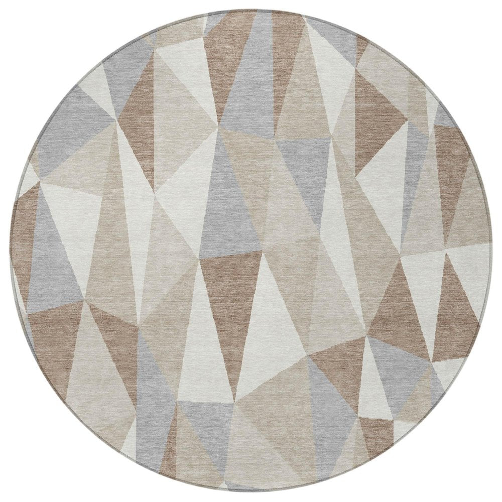 8' Ivory And Silver Round Geometric Washable Indoor Outdoor Area Rug