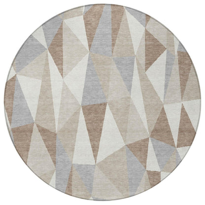 8' Ivory And Silver Round Geometric Washable Indoor Outdoor Area Rug