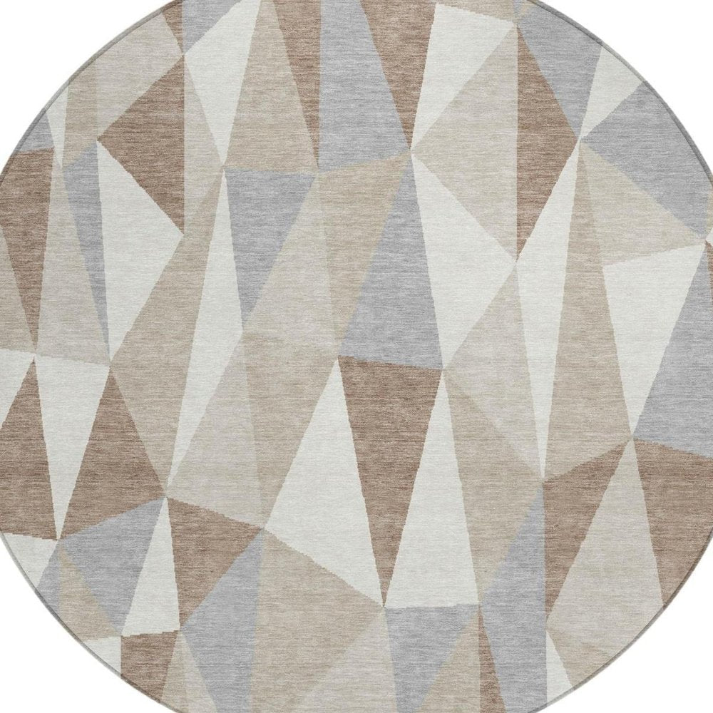 8' Ivory And Silver Round Geometric Washable Indoor Outdoor Area Rug