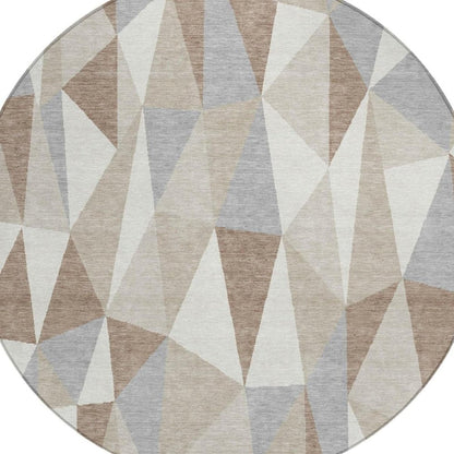 8' Ivory And Silver Round Geometric Washable Indoor Outdoor Area Rug