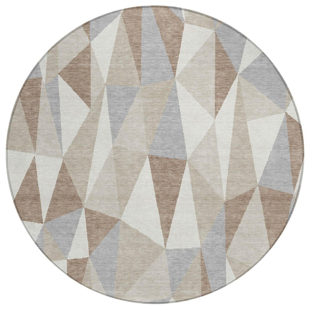 8' Ivory And Silver Round Geometric Washable Indoor Outdoor Area Rug — view 1