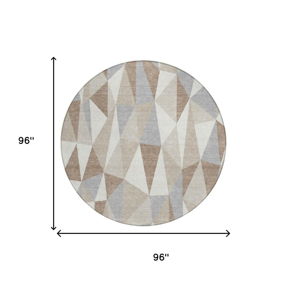 8' Ivory And Silver Round Geometric Washable Indoor Outdoor Area Rug HomeRoots
