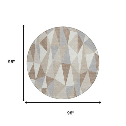 8' Ivory And Silver Round Geometric Washable Indoor Outdoor Area Rug HomeRoots