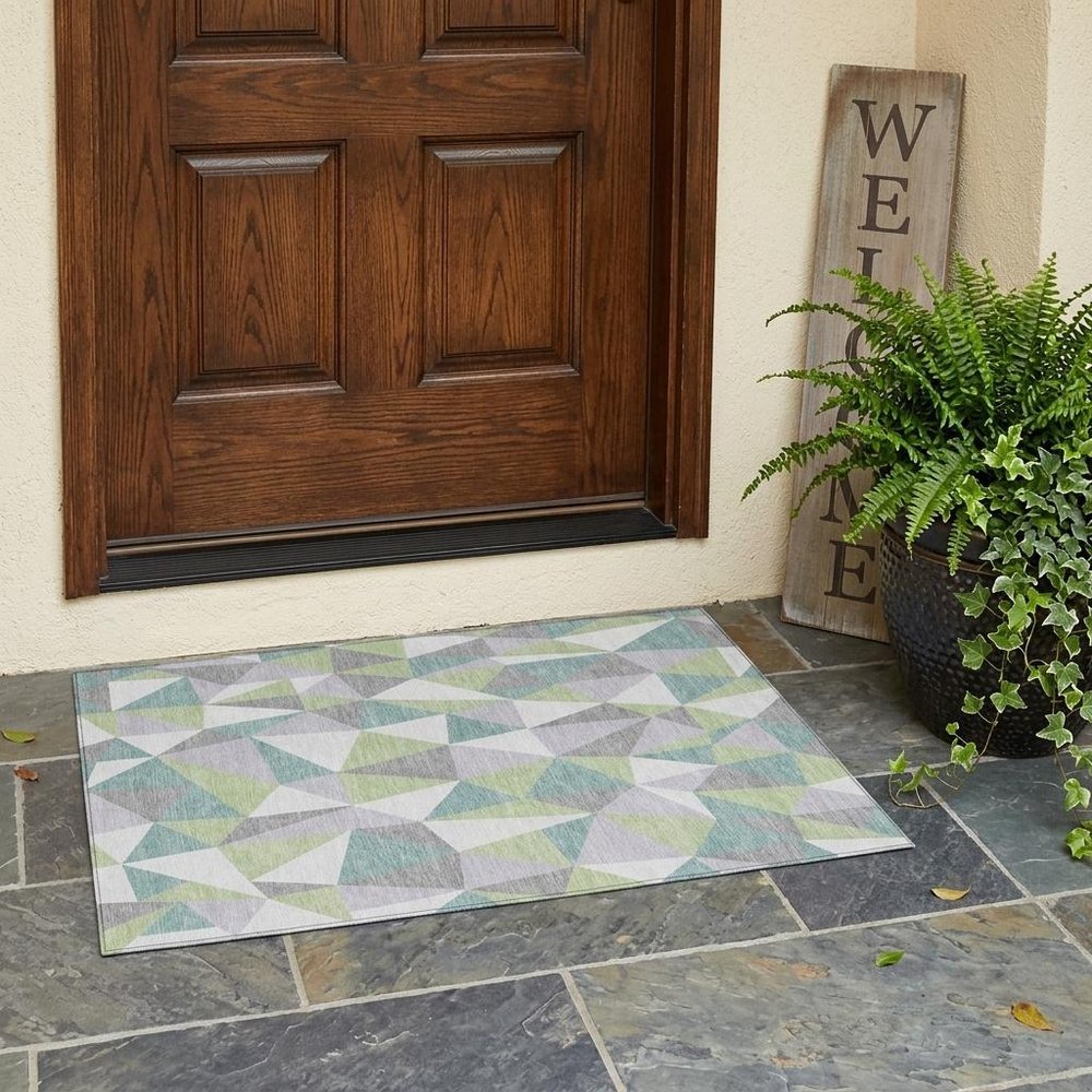 3' X 5' Mint Green And Green Geometric Washable Indoor Outdoor Area Rug — view 5