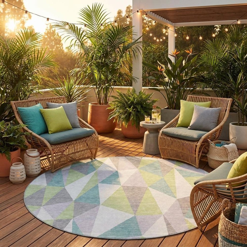 8' Mint Green And Green Round Geometric Washable Indoor Outdoor Area Rug HomeRoots