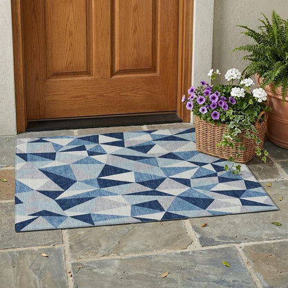 3' X 5' Navy Blue And Blue Geometric Washable Indoor Outdoor Area Rug HomeRoots