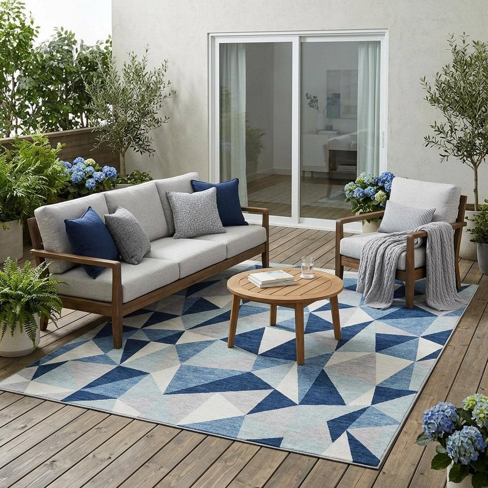 5' X 8' Navy Blue And Blue Geometric Washable Indoor Outdoor Area Rug HomeRoots