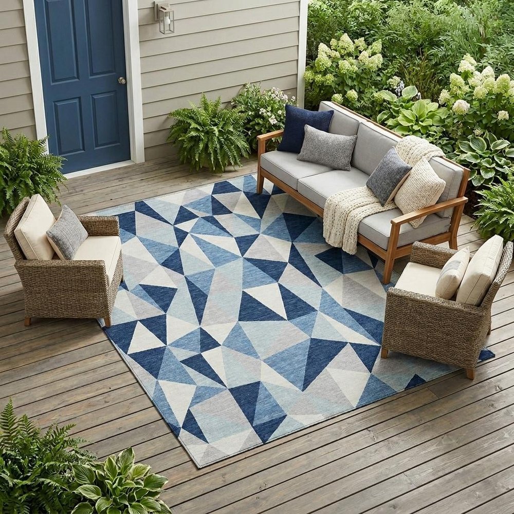 8' X 10' Navy Blue And Blue Geometric Washable Indoor Outdoor Area Rug — view 5