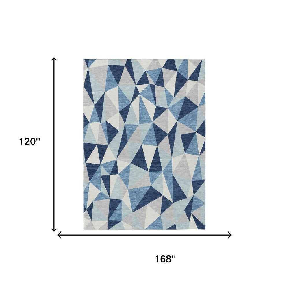 10' X 14' Navy Blue And Blue Geometric Washable Indoor Outdoor Area Rug