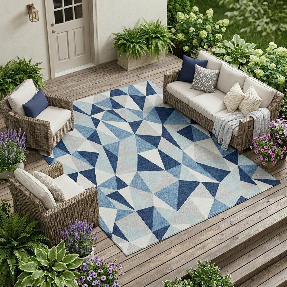 10' X 14' Navy Blue And Blue Geometric Washable Indoor Outdoor Area Rug