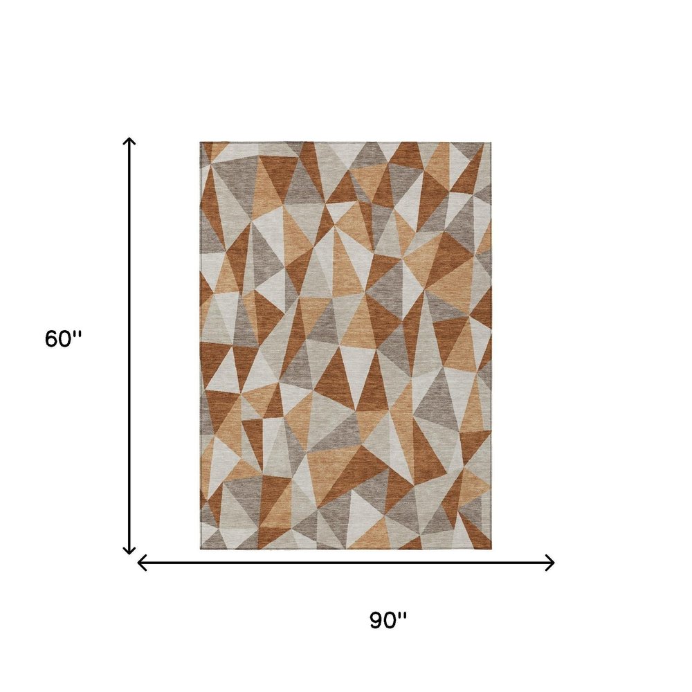 5' X 8' Orange And Brown Geometric Washable Indoor Outdoor Area Rug — view 4