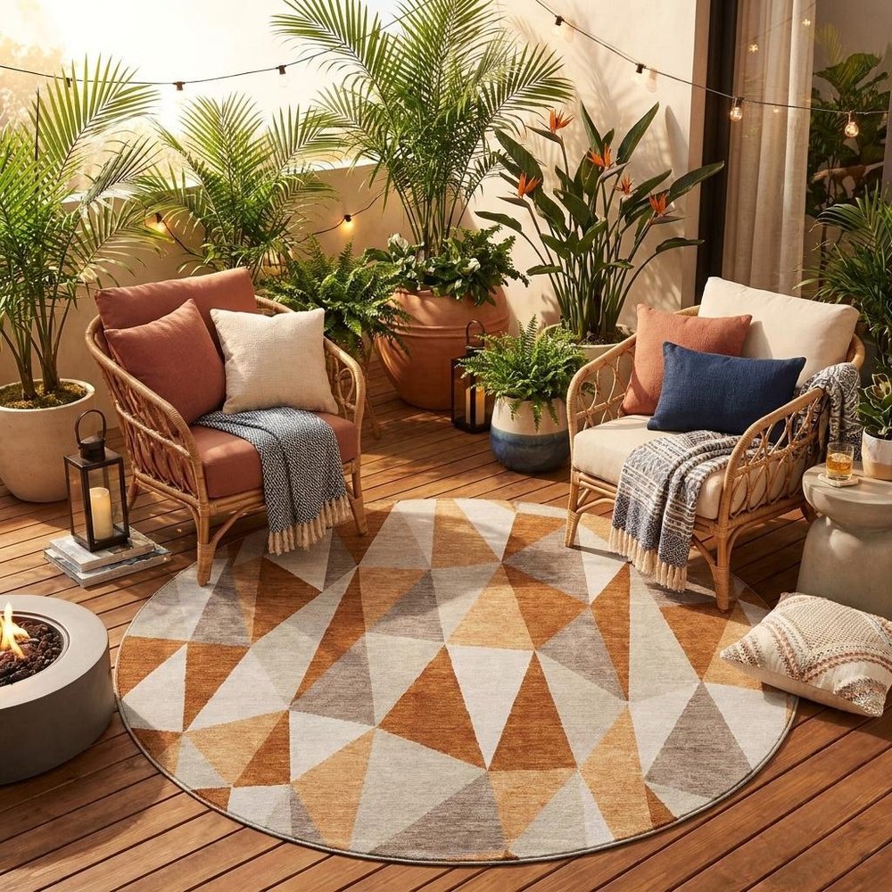 8' Orange And Brown Round Geometric Washable Indoor Outdoor Area Rug HomeRoots