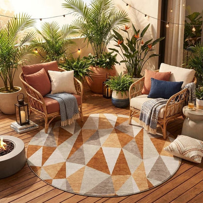 8' Orange And Brown Round Geometric Washable Indoor Outdoor Area Rug HomeRoots