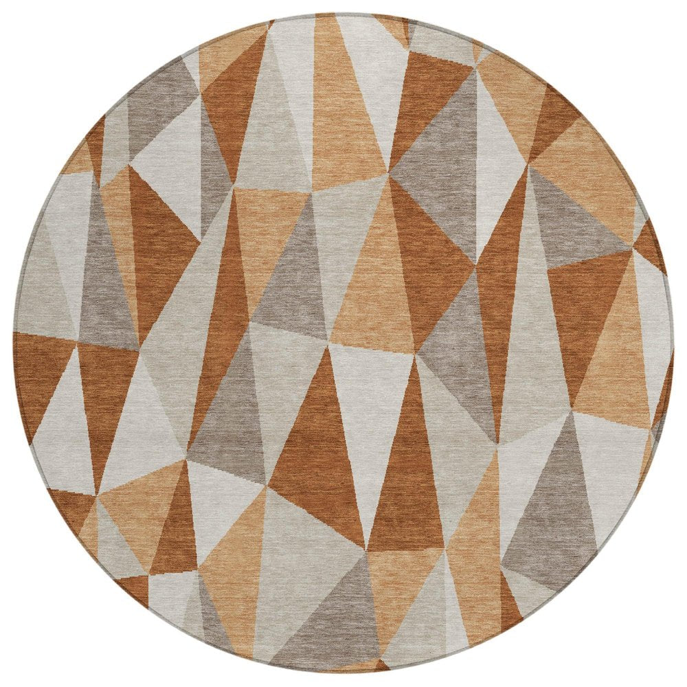 8' Orange And Brown Round Geometric Washable Indoor Outdoor Area Rug — view 1