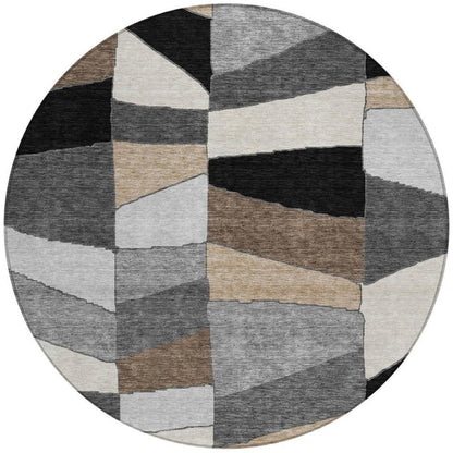 8' Black And Graphite Round Geometric Washable Indoor Outdoor Area Rug HomeRoots