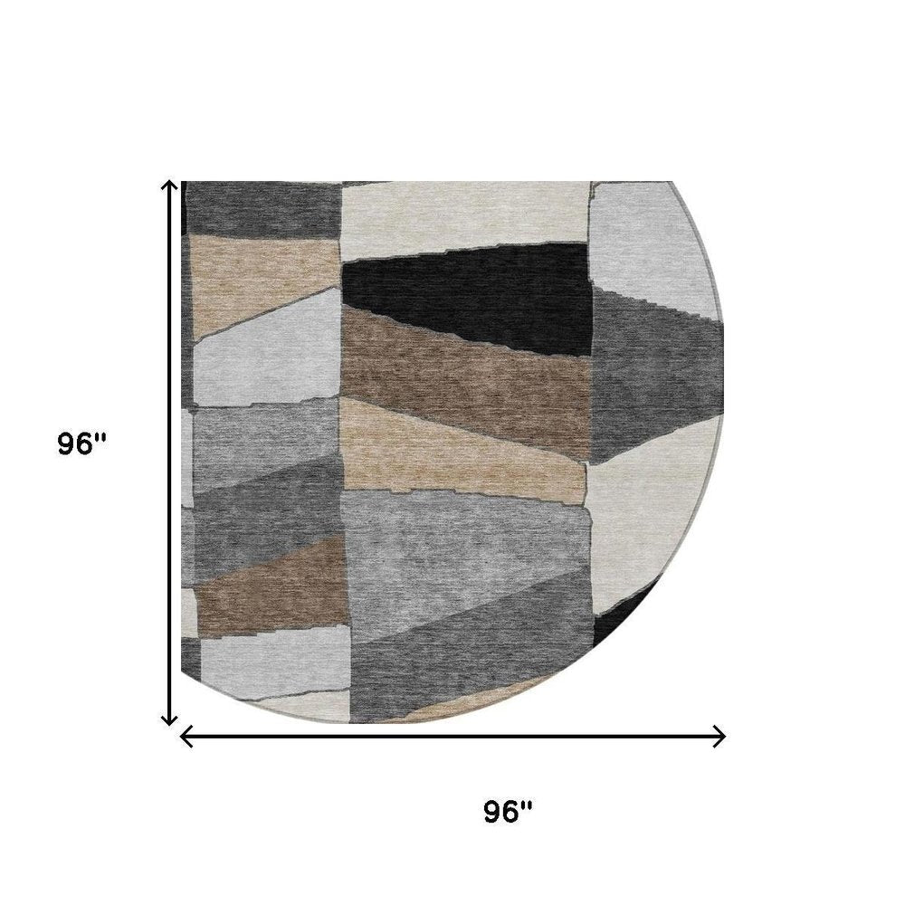 8' Black And Graphite Round Geometric Washable Indoor Outdoor Area Rug HomeRoots