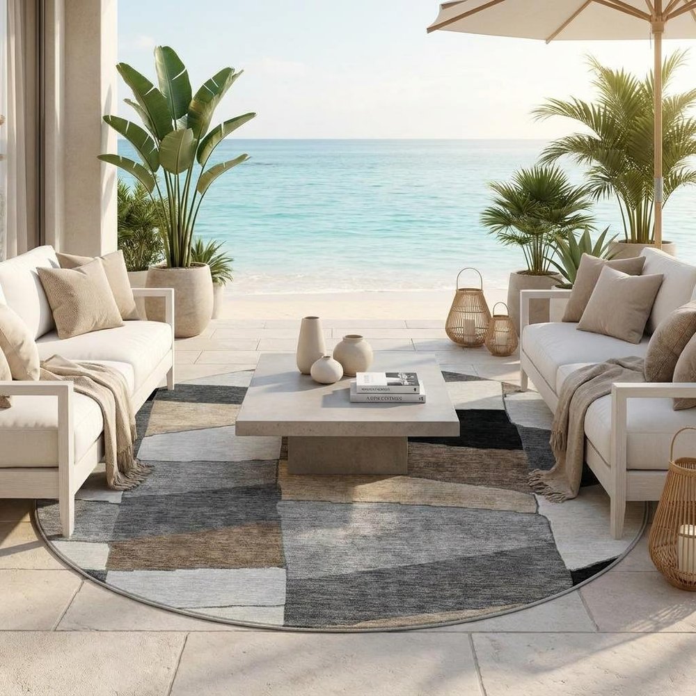 8' Black And Graphite Round Geometric Washable Indoor Outdoor Area Rug HomeRoots