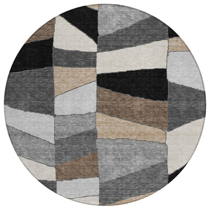 8' Black And Graphite Round Geometric Washable Indoor Outdoor Area Rug HomeRoots