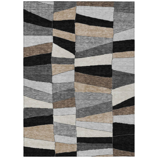 9' X 12' Black And Graphite Geometric Washable Indoor Outdoor Area Rug