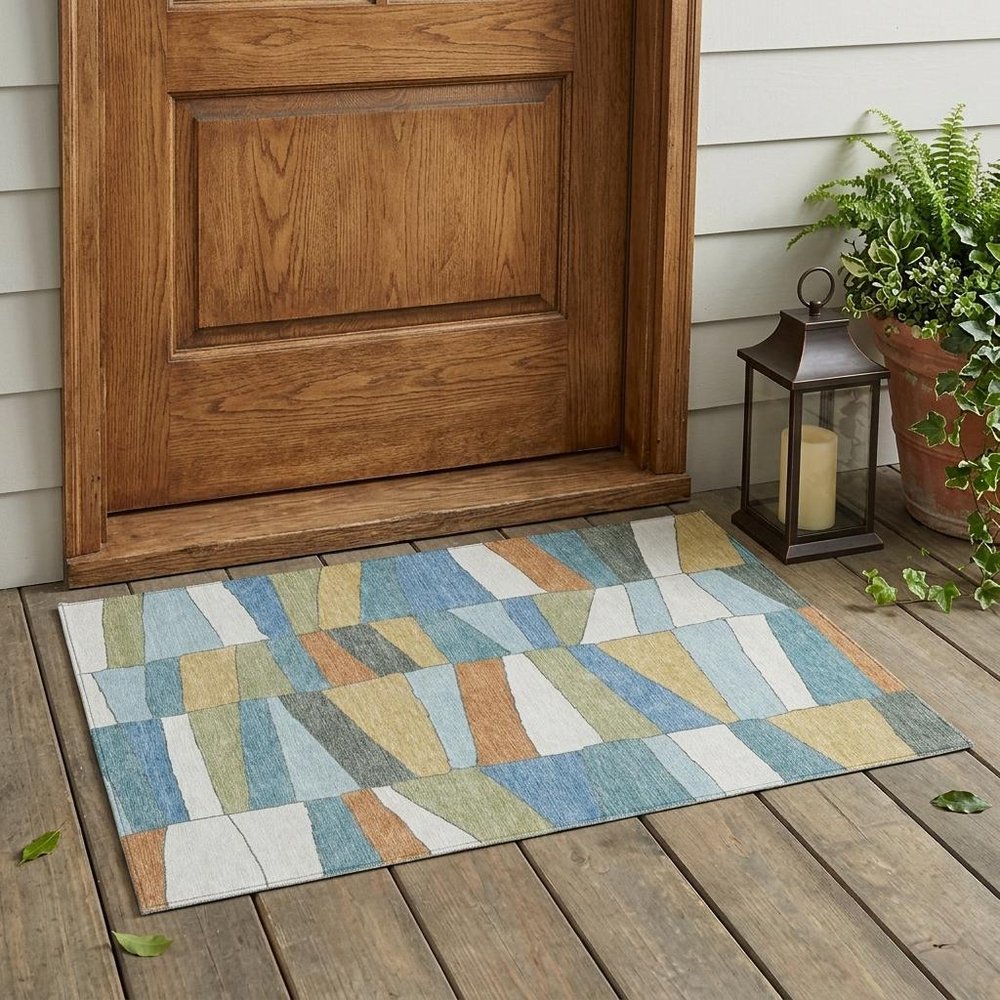 3' X 5' Blue And Ivory Geometric Washable Indoor Outdoor Area Rug — view 5