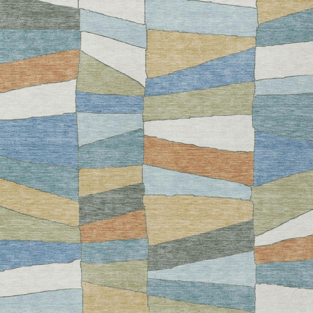 3' X 5' Blue And Ivory Geometric Washable Indoor Outdoor Area Rug