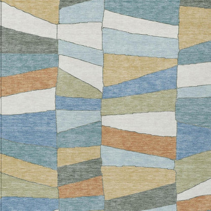 3' X 5' Blue And Ivory Geometric Washable Indoor Outdoor Area Rug