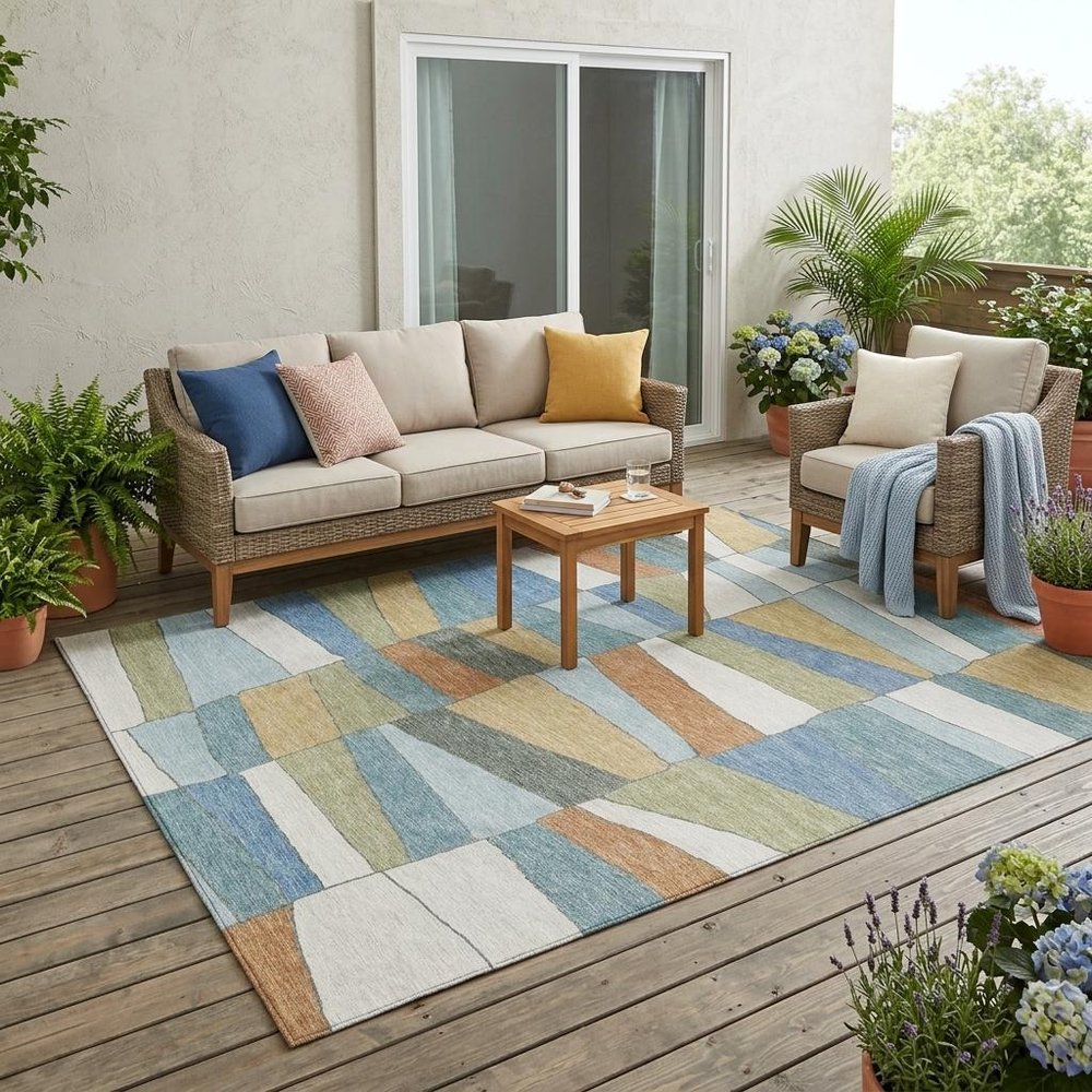 5' X 8' Blue And Ivory Geometric Washable Indoor Outdoor Area Rug — view 5