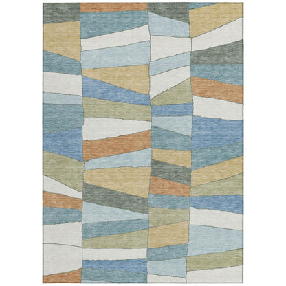 5' X 8' Blue And Ivory Geometric Washable Indoor Outdoor Area Rug