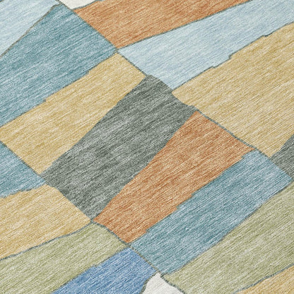 5' X 8' Blue And Ivory Geometric Washable Indoor Outdoor Area Rug