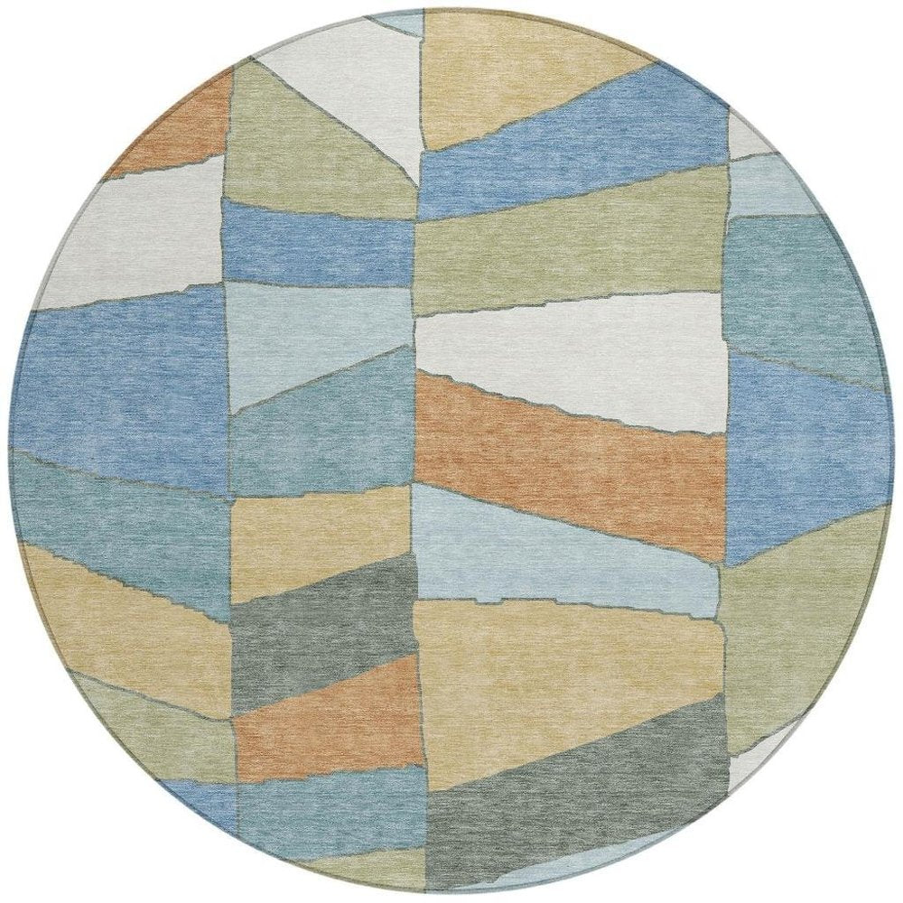 8' Blue And Ivory Round Geometric Washable Indoor Outdoor Area Rug — view 6