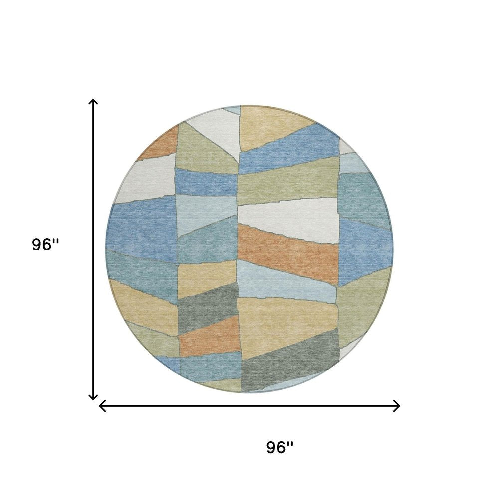 8' Blue And Ivory Round Geometric Washable Indoor Outdoor Area Rug — view 7
