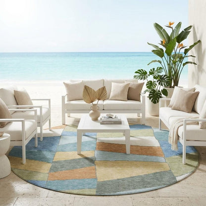 8' Blue And Ivory Round Geometric Washable Indoor Outdoor Area Rug HomeRoots