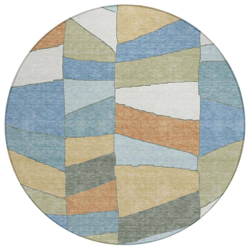 8' Blue And Ivory Round Geometric Washable Indoor Outdoor Area Rug — view 1