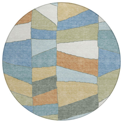 8' Blue And Ivory Round Geometric Washable Indoor Outdoor Area Rug HomeRoots