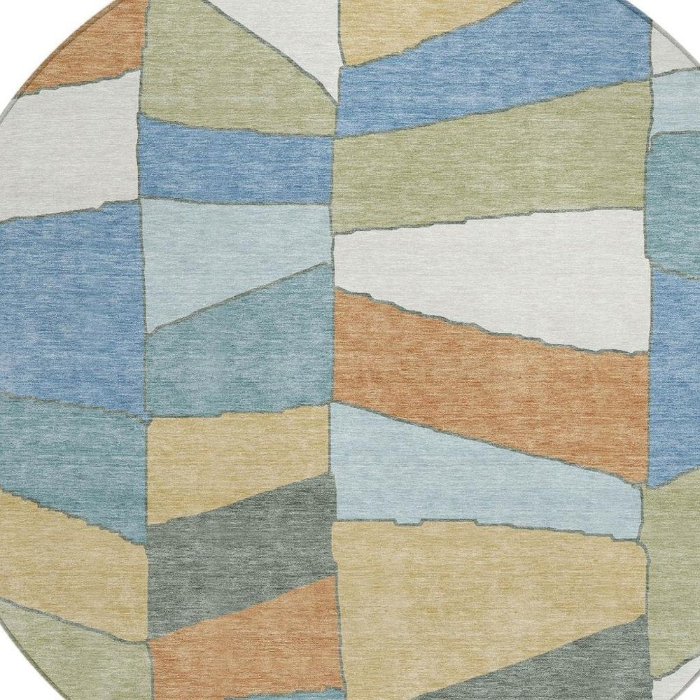 8' Blue And Ivory Round Geometric Washable Indoor Outdoor Area Rug — view 4