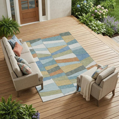 8' X 10' Blue And Ivory Geometric Washable Indoor Outdoor Area Rug