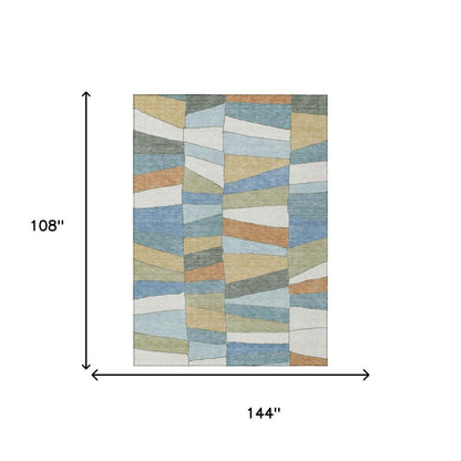 9' X 12' Blue And Ivory Geometric Washable Indoor Outdoor Area Rug