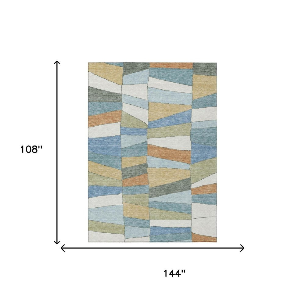9' X 12' Blue And Ivory Geometric Washable Indoor Outdoor Area Rug — view 4