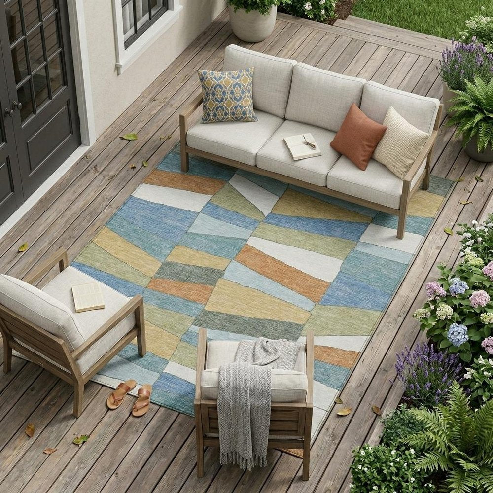 9' X 12' Blue And Ivory Geometric Washable Indoor Outdoor Area Rug — view 5
